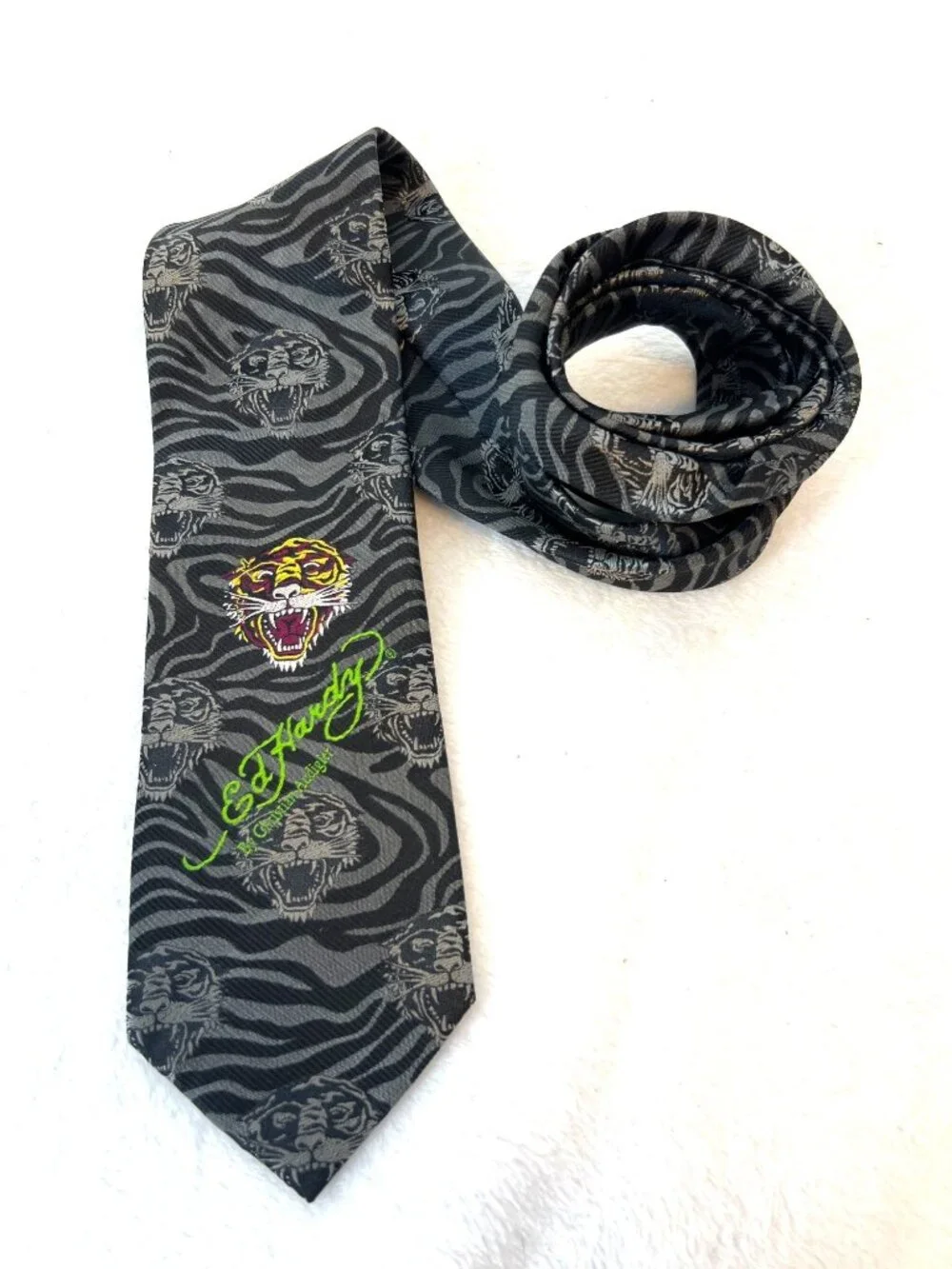 Ed Hardy by Christian Audigier Tie Handmade Tiger Art Silk Y2K